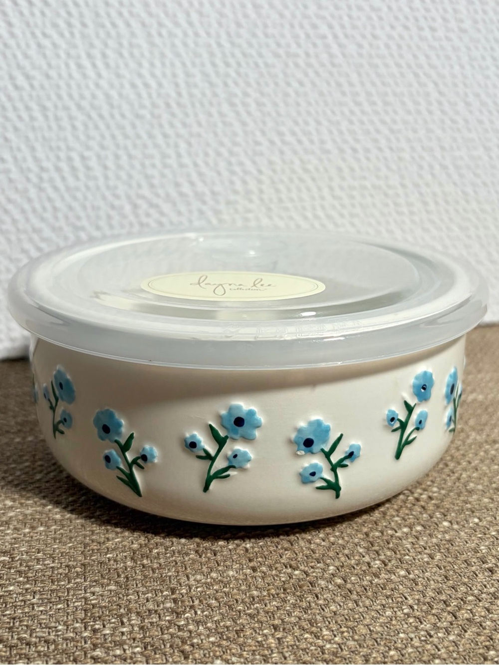 Ceramic Bowl with Venting Lid - Blue & Navy Floral Motif Textured Flower Design